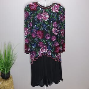 Vintage Black Tie‎ Sequin Beaded Floral Dress Size 10 Holiday Party